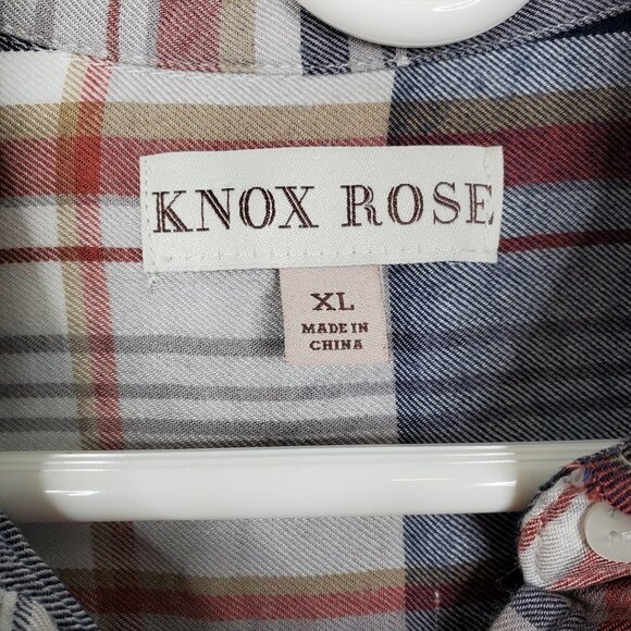Knox Rose Plaid Flannel Blouse with button roll tabs and  crochet inlay, Size XL - Picture 12 of 13